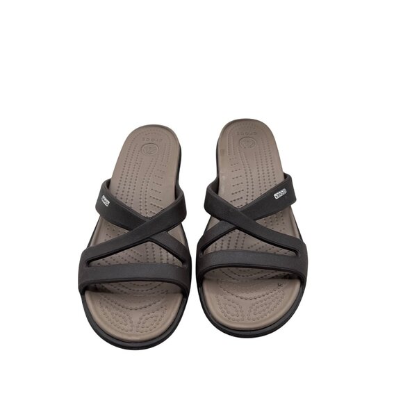 Crocs Size 10 Womens Brown & Beige Slip-On Wedge Sandals Criss-Cross Straps - Picture 1 of 8